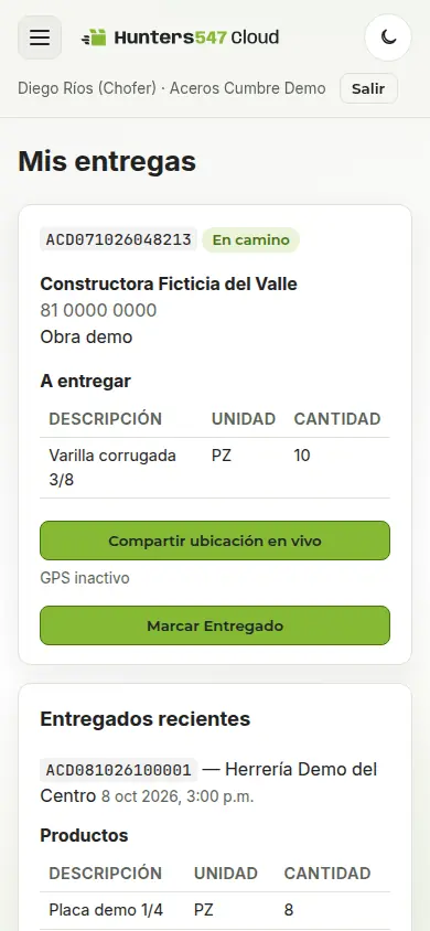 Celular del chofer con un envío en camino, el botón para compartir ubicación y Marcar Entregado.