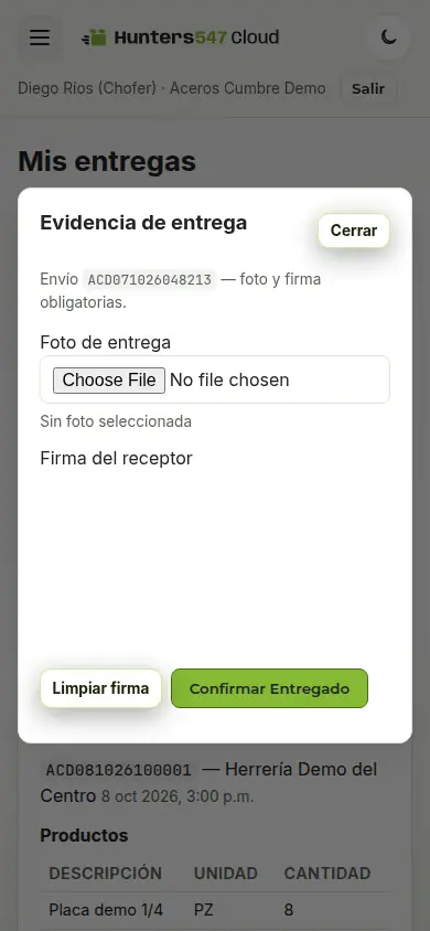 Ventana de evidencia de entrega en el celular: foto y firma obligatorias antes de confirmar.
