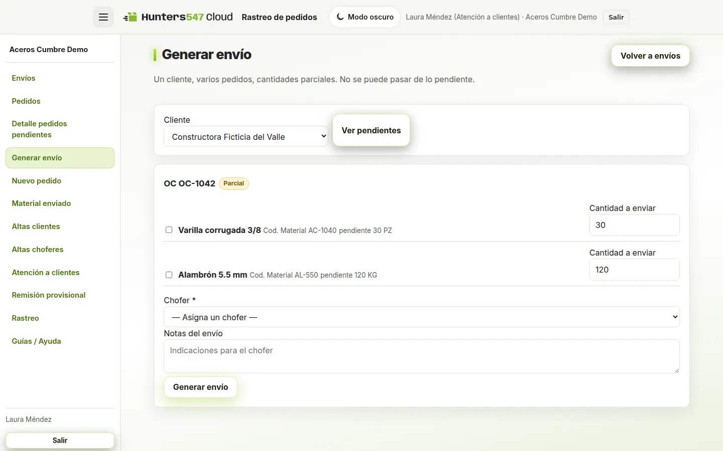 Pantalla Generar envío, con líneas pendientes de un cliente ficticio y la lista para asignar chofer.