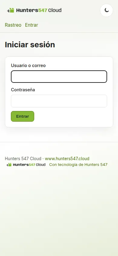 Inicio de sesión de Hunters 547 Cloud en una pantalla de celular, con la marca actual y tema claro.
