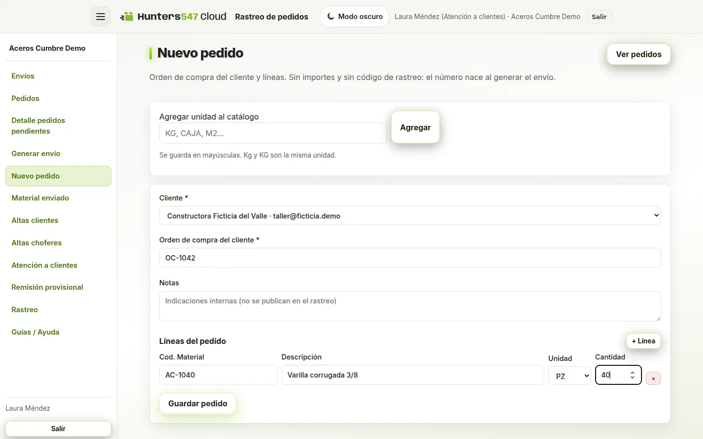 Formulario de nuevo pedido, con cliente, orden de compra y una línea de Cod. Material.